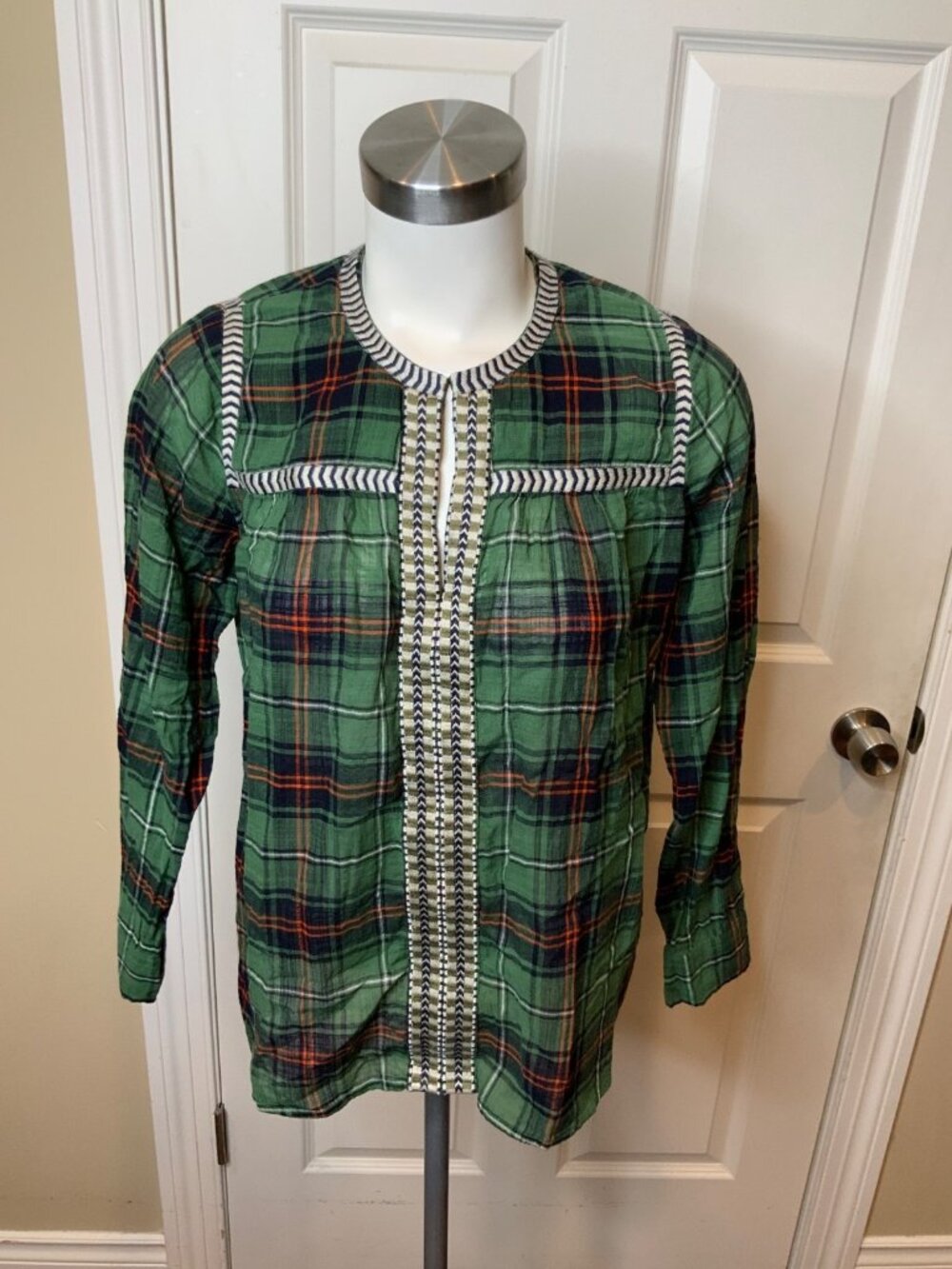 J Crew Green Plaid Semi-Sheer Tunic Shirt, Size 4